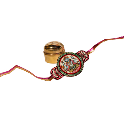 Handcrafted Premium Wooden Rakhis Featuring Pattachitra Painting with Rolli and Chawal packed in Brass Containers