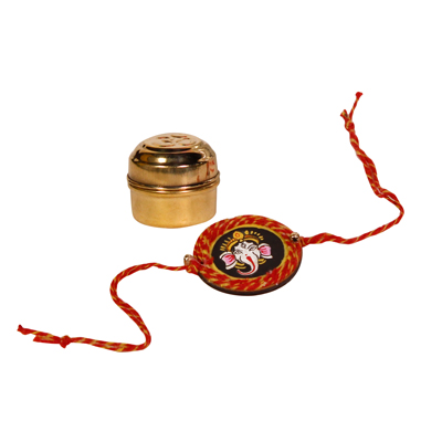 Handpainted Rakhi with Roli Chawal in Brass Containers