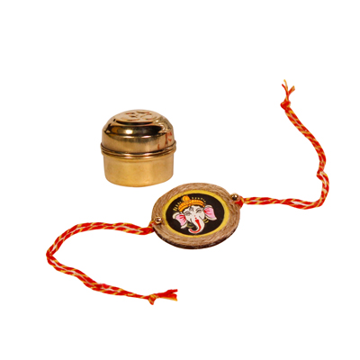Handpainted Ganesha Jute Rakhi with Roli Chawal in Brass Containers