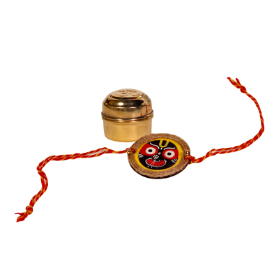 Handpainted Jute Rakhi with Roli Chawal in Brass Containers