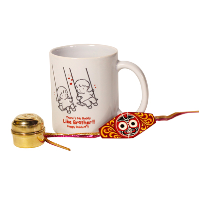 Jagannath tailored rakhi, white coffee mug, and roli chawal in a small brass box