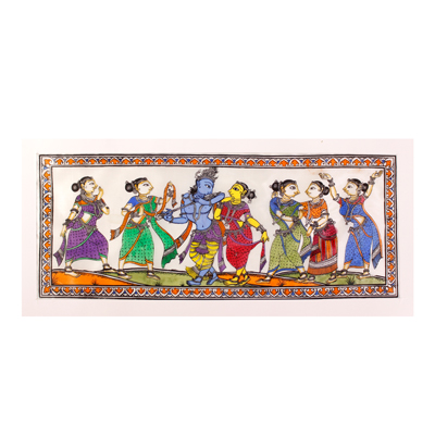 Handmade Unframed Traditional Pattachitra Painting Depicting Radha Krishna with Gopis | Hand-Painted Wall Art on Silk Fabric