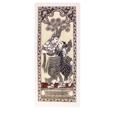 Handcrafted Lord Radha Krishna Black and White Pattachitra Wall Art on Silk Fabric – Exquisite Home Decor